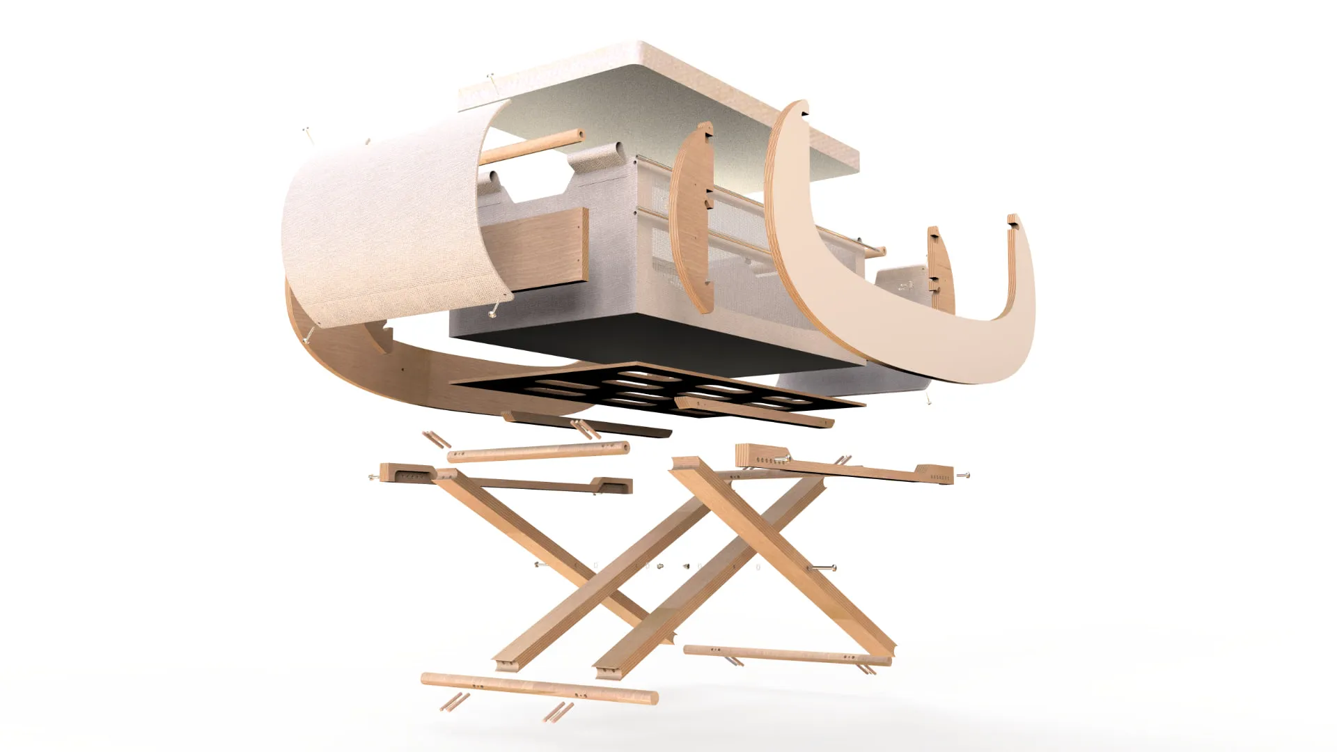 Exploded CAD view of the crib separating the canvas outer, plywood side panels, mattress, mesh liner, base slats and the scissor stand components.