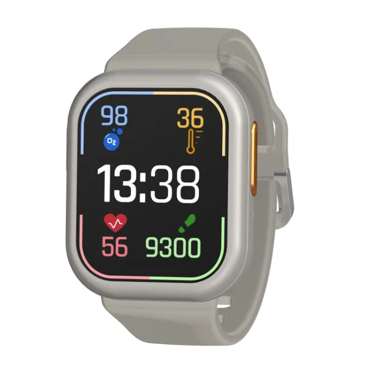 The Anya Tech smartwatch on a grey silicone strap, its square screen showing a 13:38 clock face ringed by blood oxygen, temperature, heart rate and step readings in colour coded corners.