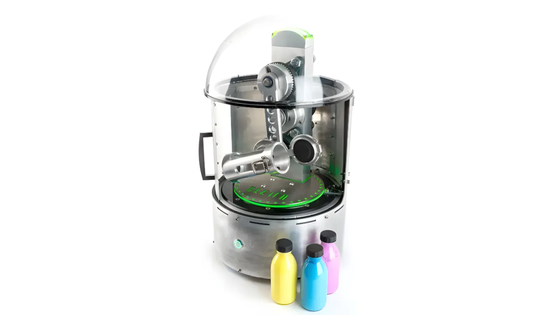 The Bleach mixer seen from the front, its domed lid closed over the shaking mechanism, with three bottles of yellow, blue and pink hair dye standing beside it.