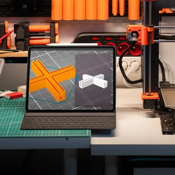 A tablet propped on a workshop bench beside a 3D printer, its screen showing an orange CAD model of a cross-shaped bracket next to a plain white render of the same part.