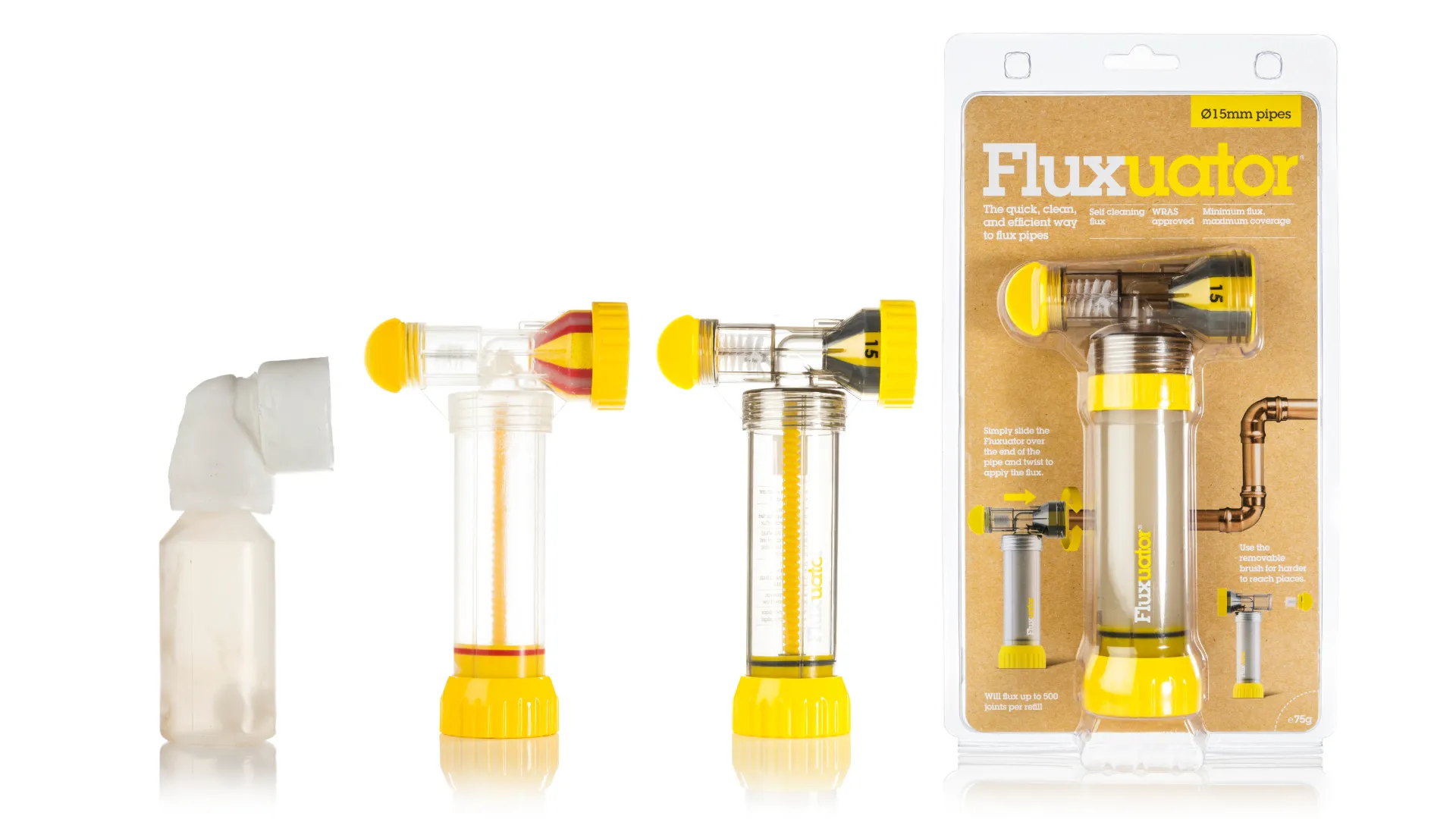 Development stages of a pipe-fluxing tool, from an early test rig through works-like prototypes to the final packaged product