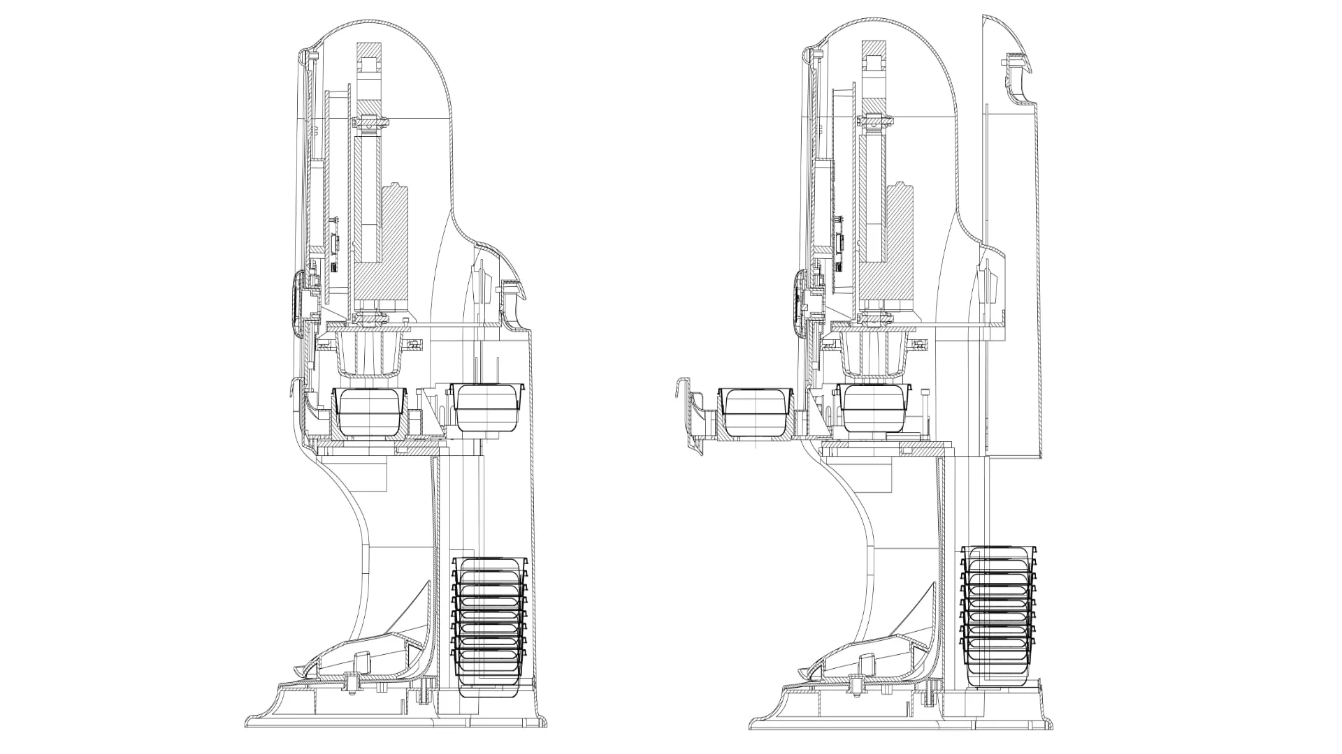 Two CAD section drawings of the machine side by side, cutting through the dispensing column to show the drive shaft, the compression head, the pod seat and the stack of pods in the base.