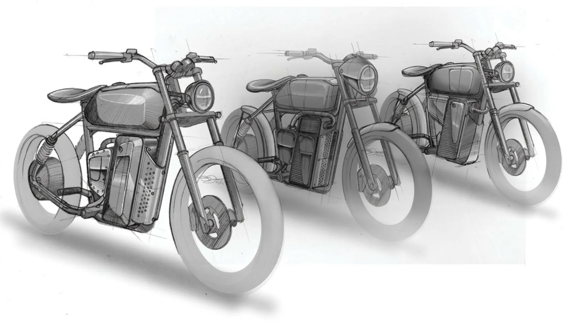 Three greyscale concept sketches of the motorcycle from the front three quarter, exploring different tank, battery and frame treatments.