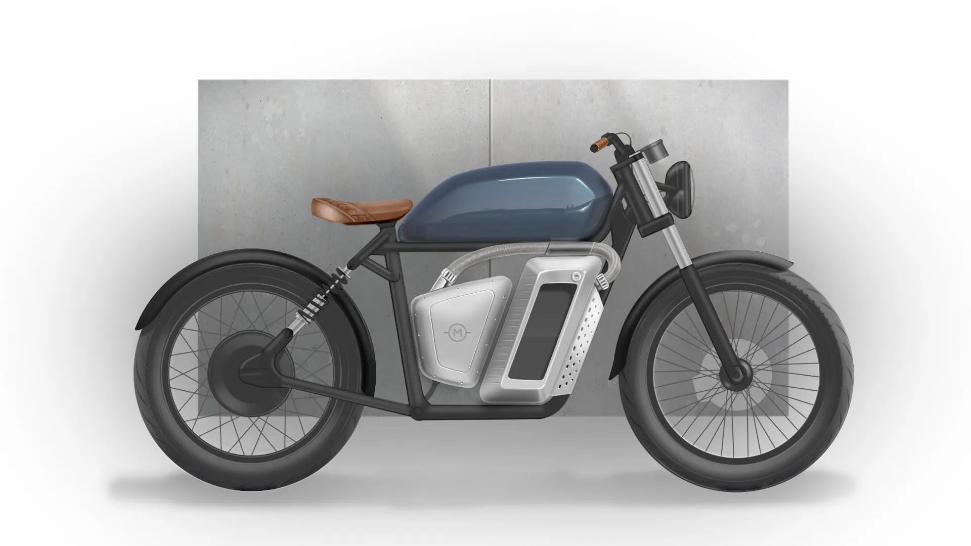 A rendered side elevation of the motorcycle in navy with a brown seat and the battery pack mounted in the open frame, against a concrete backdrop.