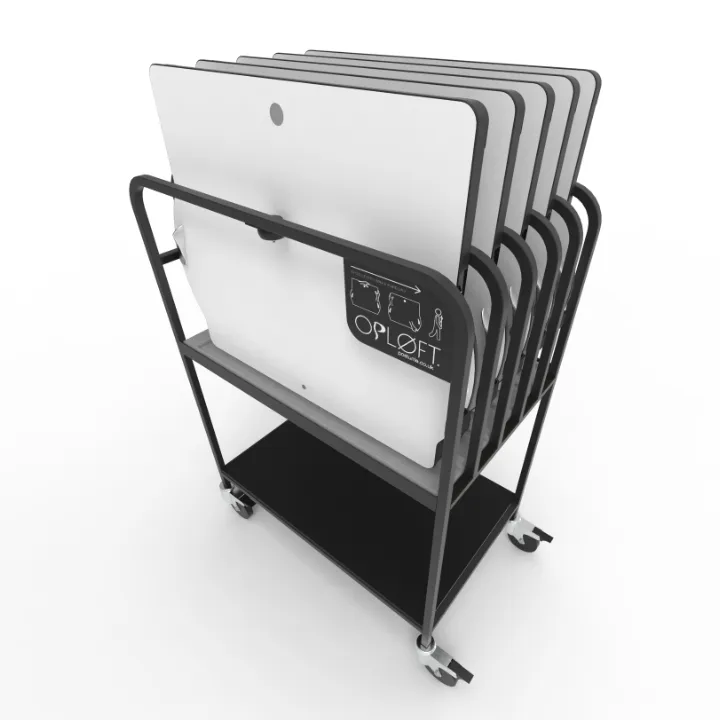CAD render of the Opløft storage stand loaded with desktops, cropped square for the case study tile.