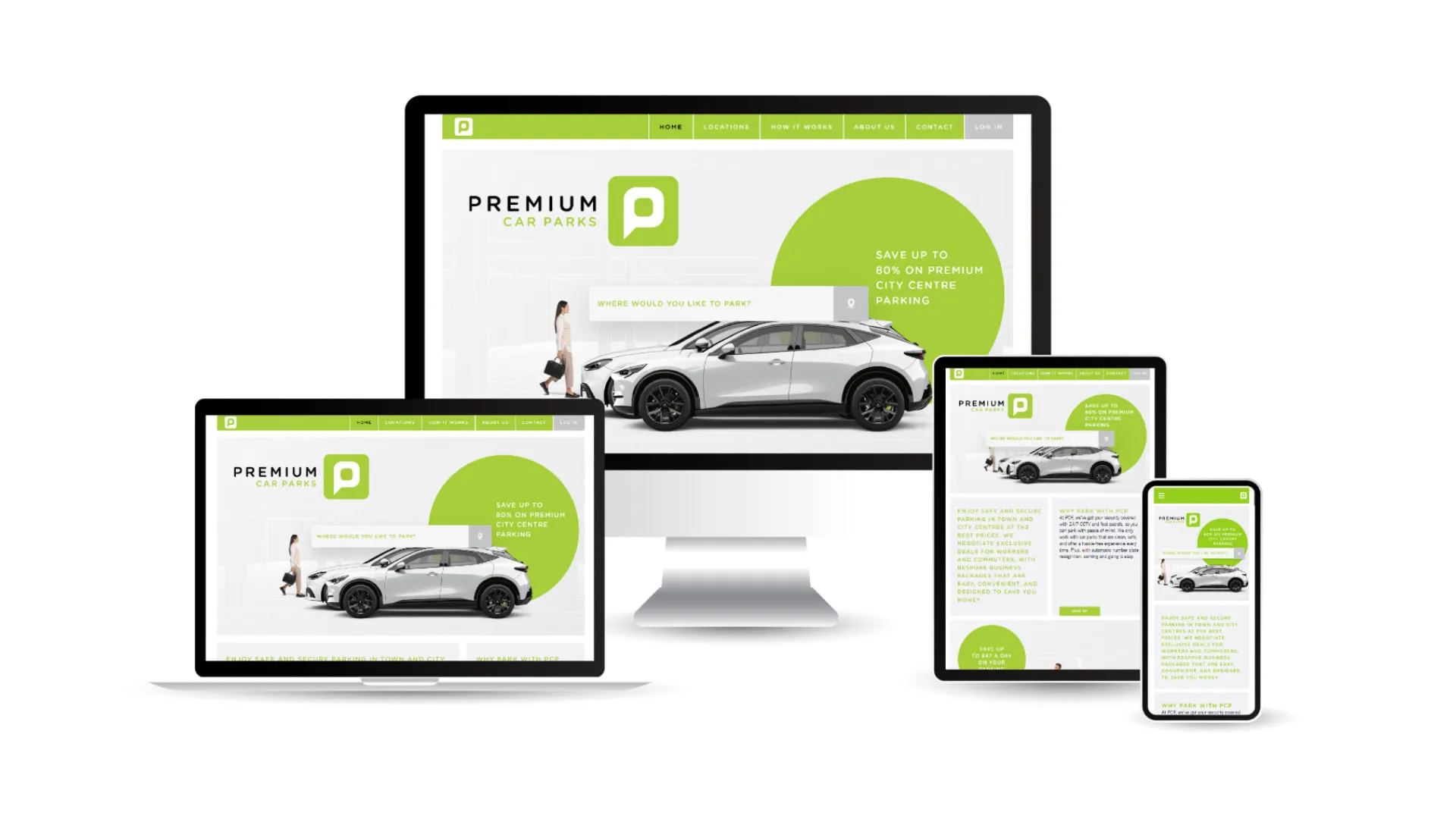The redesigned home page shown at four sizes, on a desktop monitor, a laptop, a tablet and a phone, each keeping the search box, the offer badge and the car image.