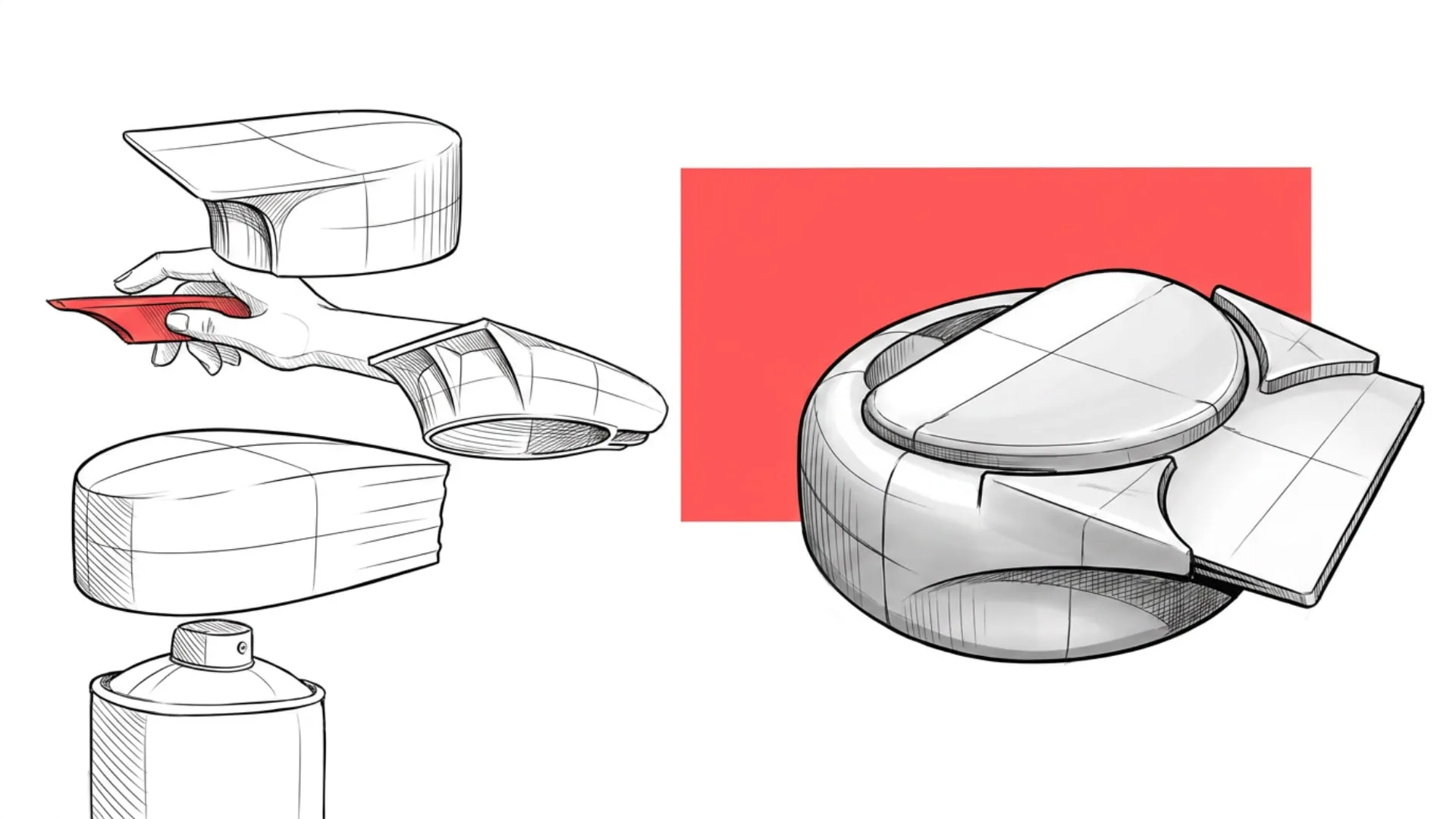 Concept sketches of the cap: a hand holding one to show how the side mounted scraper is gripped, the cap lifting off an aerosol can, and a larger three quarter drawing of the final form against a red panel.